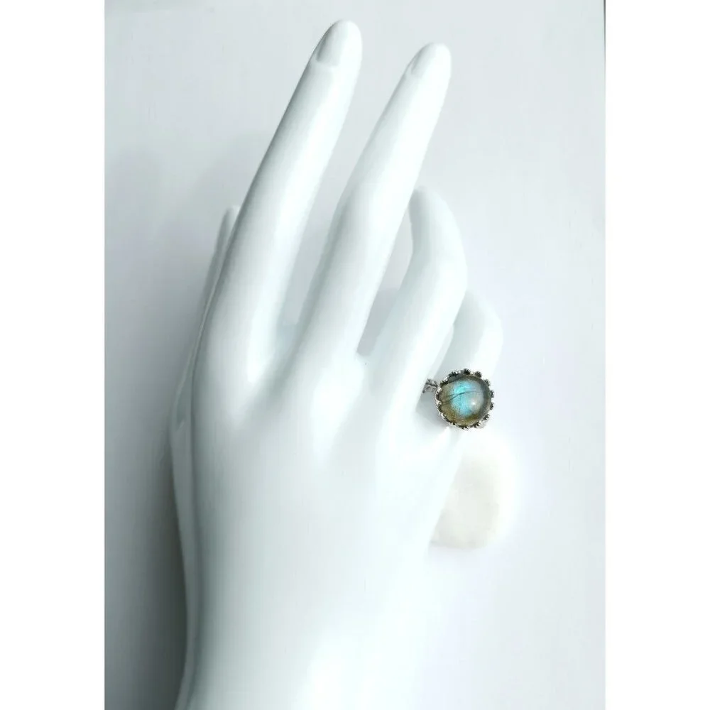Cabochon Labradorite Ring in Sterling Silver Tudor Revival Design